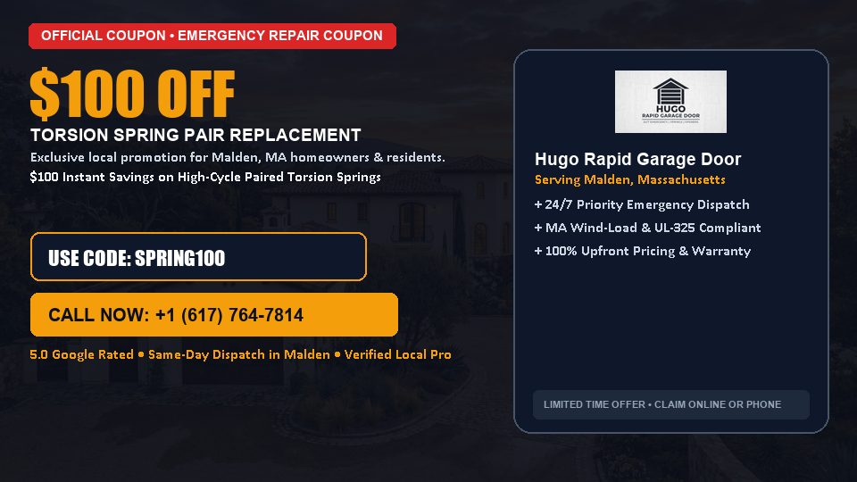 $100 OFF Dual High-Cycle Torsion Spring Replacement in Malden, MA - Hugo Rapid Garage Door